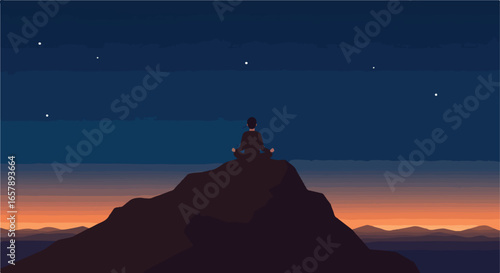 Man meditates on a hilltop at dusk, stars above; for mental health or wellness