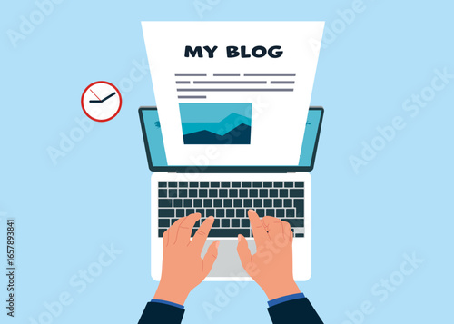 Top view of man working using laptop. Writing blog on paper from online laptop computer. Content writer or blogger, start new blog writing article online or journalism, storytelling and marketing