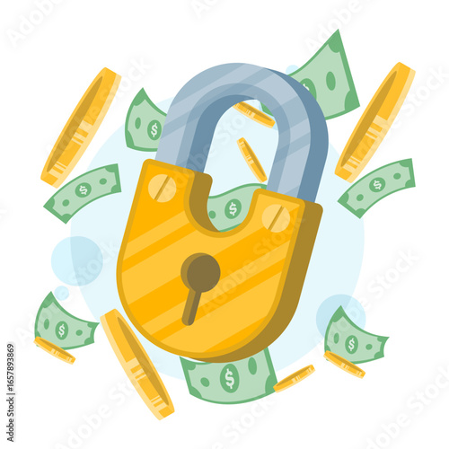 Secure money protection concept. Finance account safety locked with padlock icon. Symbol of restricted funds, blocked access, and cash security. Flat vector illustration for financial safety idea.