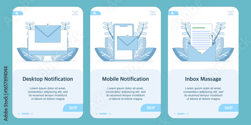 Flat vector illustration of desktop and mobile notification with inbox message on onboarding screen. Concept of app alert, email reminder, user interface, communication, and digital message system.