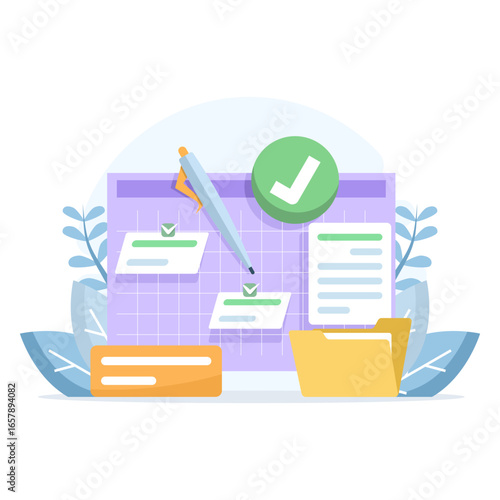 Flat vector illustration of schedule planning and task management. Filling out checklists, organizing calendar events, and planning work responsibilities for business and organizational productivity.