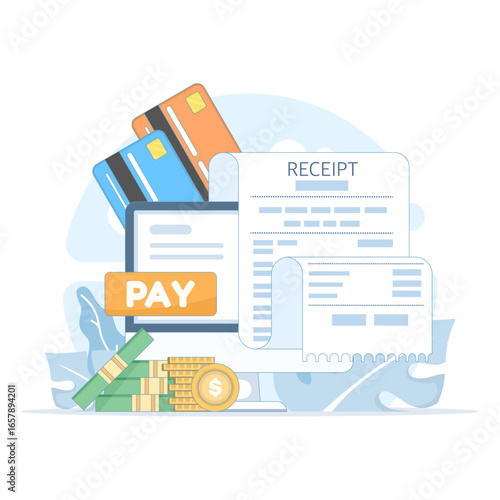 Flat vector illustration of online bill payment. Concept of internet payments, online transactions, and digital money transfers for modern financial management and convenient payment solutions.