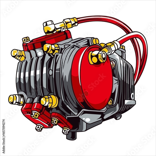 Detailed illustration of a complex mechanical engine component with red and gold accents.