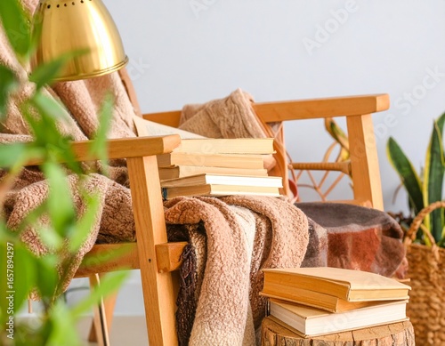 Cozy reading nook with armchair, warm blanket, books, soft golden lighting, indoor plants, minimal boho style