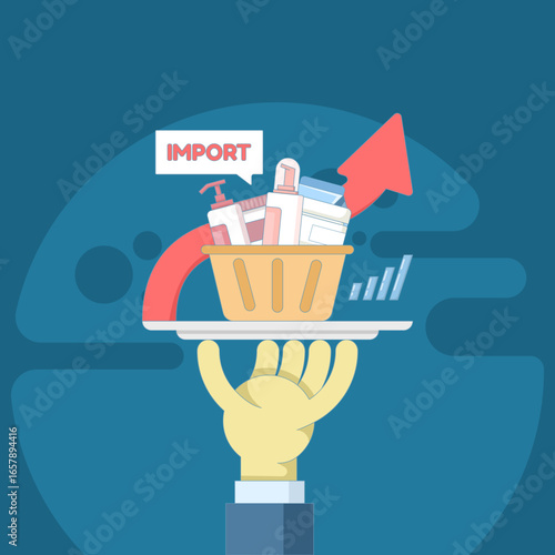 Vector illustration of product showcase and consumer goods import. Modern concept of international trade and merchandise presentation on an isolated background.