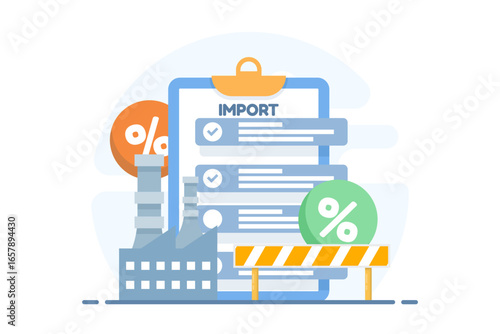 Flat vector illustration of factory and tariff documents. Concept of import tariffs affecting industrial output, production processes, and supply chain limitations.