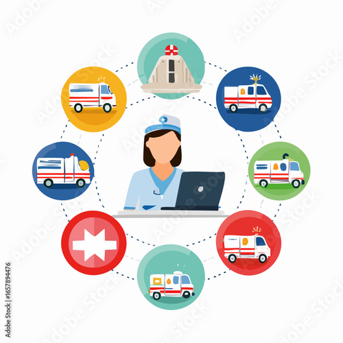 Emergency room workflow icons featuring triage, urgent care, and ambulance services in flat clean vector design.