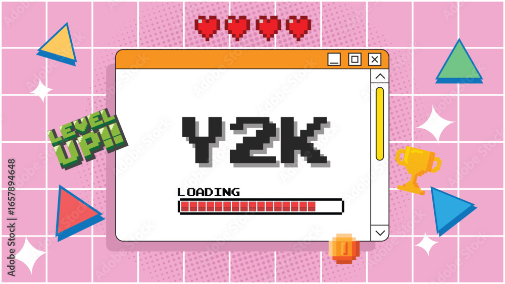 Fototapeta premium Y2K trendy set of objects, retro game,digital pet,pager , 1990s 2000s style, pixel heart, wow text