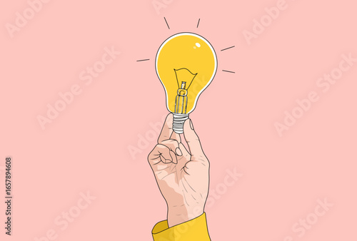 
A hand holding up an illuminated light bulb, against a pink background, in a yellow illustration style. The design is simple, with clean lines and shapes, and minimal line art. 