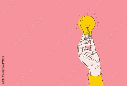 
A hand holding up an illuminated light bulb, against a pink background, in a yellow illustration style. The design is simple, with clean lines and shapes, and minimal line art. 