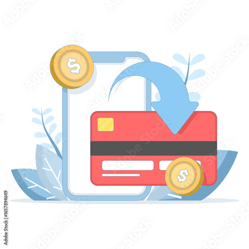 Flat receiving cashback bonus from paying online. Coins transfer from smartphone to e-wallet or banking debit card. Money reward program from purchase. Cash refund, financial savings concept