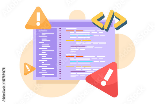 Vector illustration concept of software malfunction. Error notification window showing bugs, system crash, and malicious script problems. Warning signs highlight program issues and technical failures.