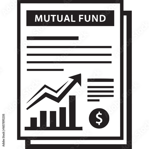 Black and white illustration of a mutual fund report with a graph showing growth and a dollar sign, isolated on white background