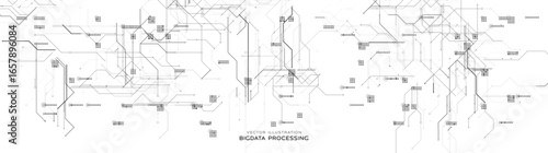 Monochrome digital circuit chip background, processor network. AI neural system lines texture. Cyber data flow tech pattern. Artificial intelligence technology backdrop. Vector illustration