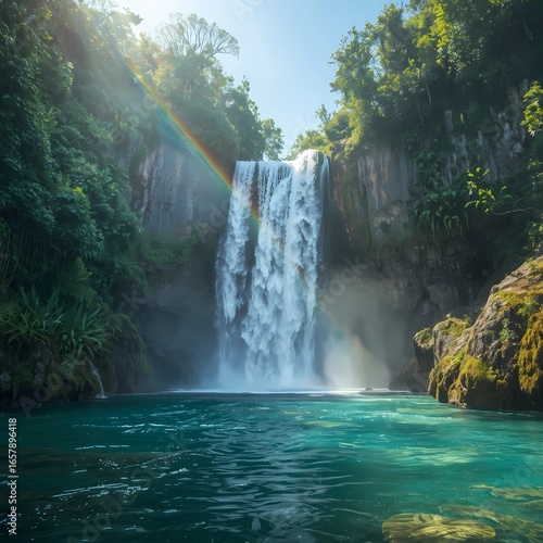 Majestic Tropical Waterfall with Rainbow Mist