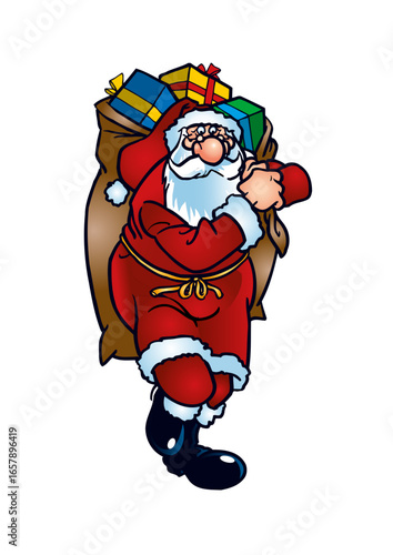 Santa Claus (Father Christmas) is carrying a heavy sack of gifts.