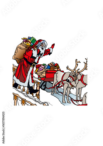 Santa Claus (Father Christmas) with his sleighing his reindeer