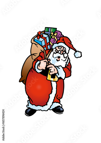 Santa Claus (Father Christmas) is carrying a heavy sack of gifts.