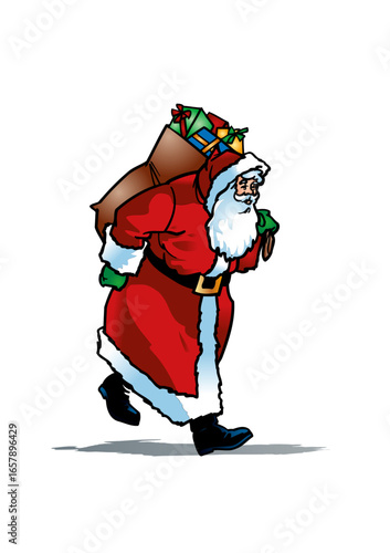 Santa Claus (Father Christmas) is carrying a heavy sack of gifts.
