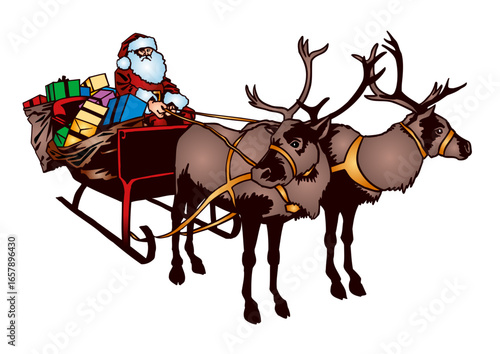 Santa Claus (Father Christmas) in his sleigh pulled by reindeer