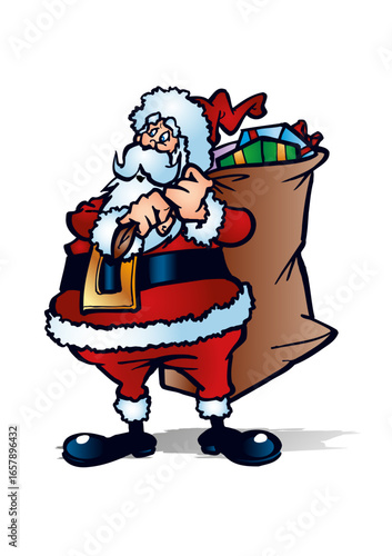 Santa Claus (Father Christmas) is carrying a heavy sack of gifts.