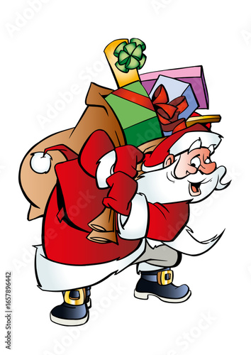 Santa Claus (Father Christmas) is carrying a heavy sack of gifts.