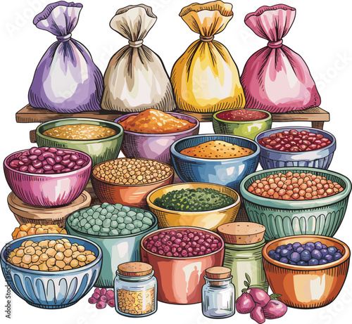 Watercolor Illustration of Colorful Spices, Herbs, Grains in Jars, Bowls, and Sacks on Wooden Shelf, Organic Kitchen Pantry Decor