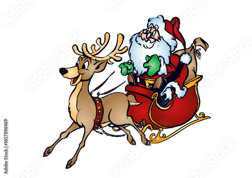 Santa Claus (Father Christmas) in his sleigh pulled by a reindeer
