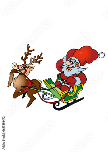 Santa Claus (Father Christmas) in his sleigh pulled by a reindeer