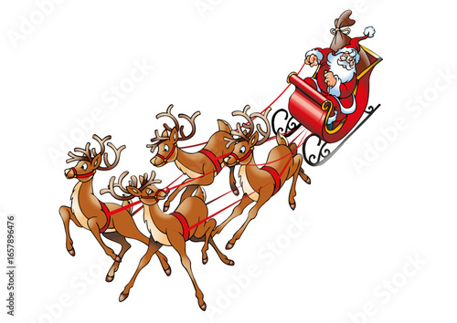 Santa Claus (Father Christmas) in his sleigh pulled by four reindeers is driving across the sky