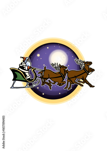 Santa Claus (Father Christmas) in his sleigh pulled by four reindeers driving across the sky