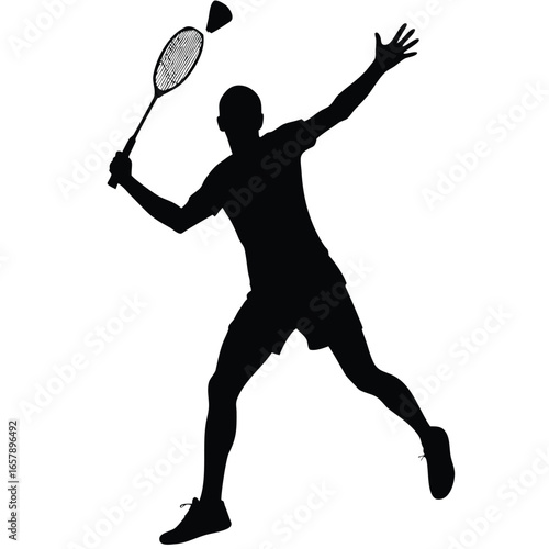 Black silhouette of a male badminton player hitting shuttlecock