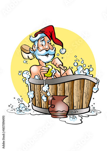Santa Claus with a hat and a big white beard sits in the bathtub and washes himself