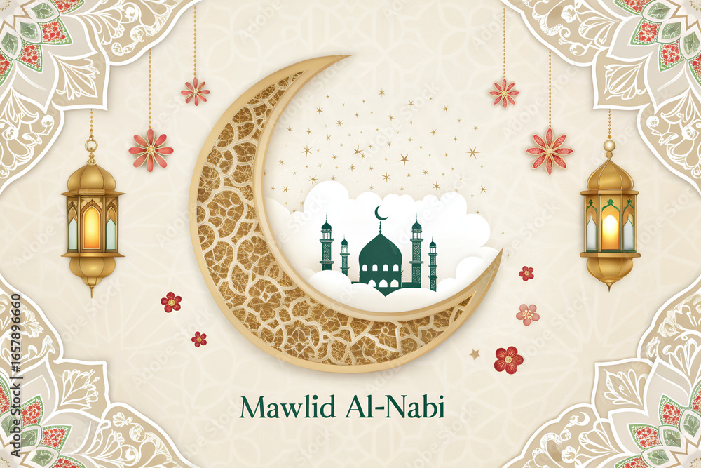 Fototapeta premium Mawlid al-Nabi Poster Design with Islamic Lanterns, Crescent Moon, and Arabic Calligraphy