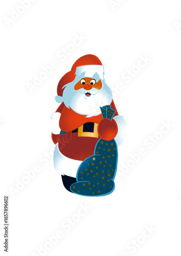 Cute Santa Claus (Father Christmas) is carrying a sack of gifts.