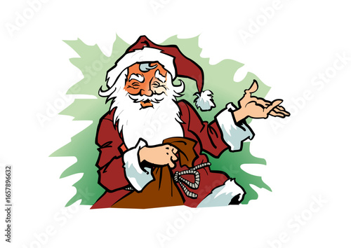 Smiling Santa Claus (Father Christmas) with a big white beard and dressed in red and white