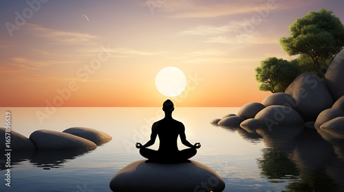 The image is a depiction of a person meditating in a state of inner peace and tranquility.