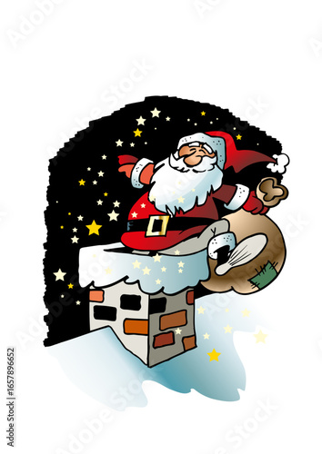 Santa Claus (Father Christmas) climbs down a chimney carrying a sack full of gifts.