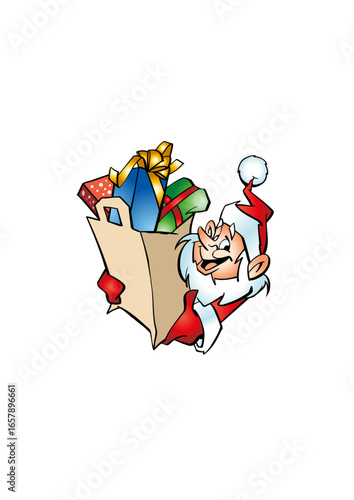Smiling Santa Claus (Father Christmas) is carrying a bag full of gifts.