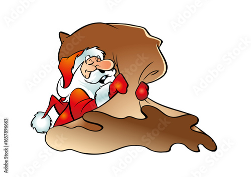 Santa Claus (Father Christmas) is emptying his gift bag.