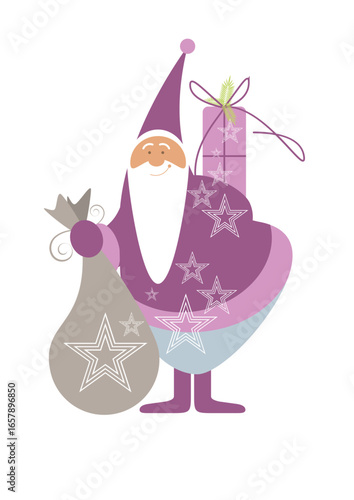Santa Claus (Father Christmas) dressed in purple iis carrying a heavy sack of gifts.