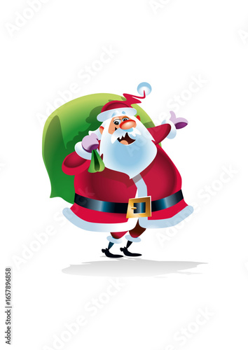 Santa Claus (Father Christmas) is carrying a heavy sack of gifts.