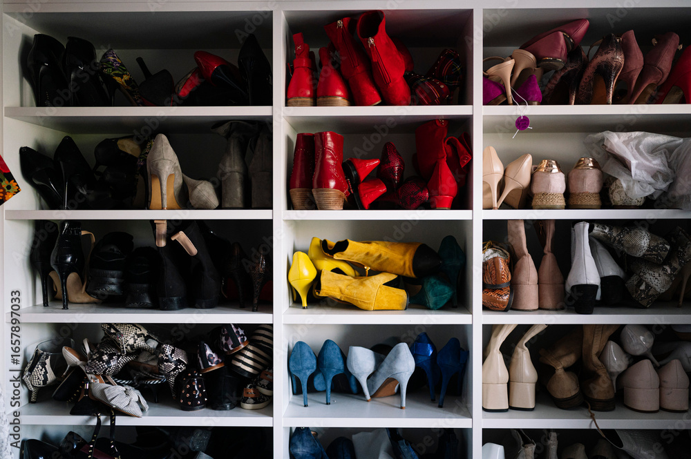 Variation of footwear in rack at home Variation of footwear in rack at home