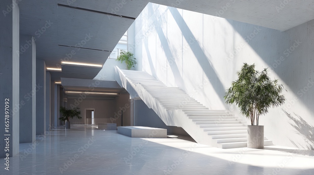 Fototapeta premium Stunning modern architectural interior with bright natural light illuminating a grand white staircase and lush plants.