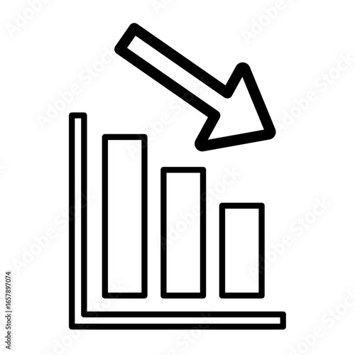 下落・減少を示す棒グラフと矢印のアイコン（黒・シンプル線画） / Downward Bar Graph with Arrow Icon (Black Line, Simple Design)