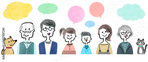 笑顔の三世代家族のアイコンとカラフルな吹き出しのバリエーションセット