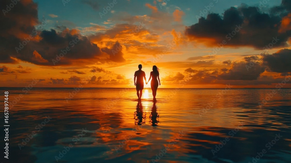 Fototapeta premium Couple Silhouetted Against a Vibrant Sunset.