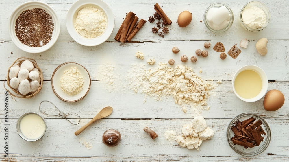 Fototapeta premium Baking Ingredients on White Wooden Table.