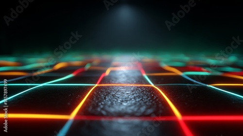 Illuminated Grid of the Future: A mesmerizing display of vibrant neon lights forms a dynamic grid, set against a deep black background, evoking futuristic concepts.