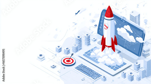 Isometric business concept, financial success, innovation, goal achievement, new opportunity launch. Rocket launching from computer, targeting success.